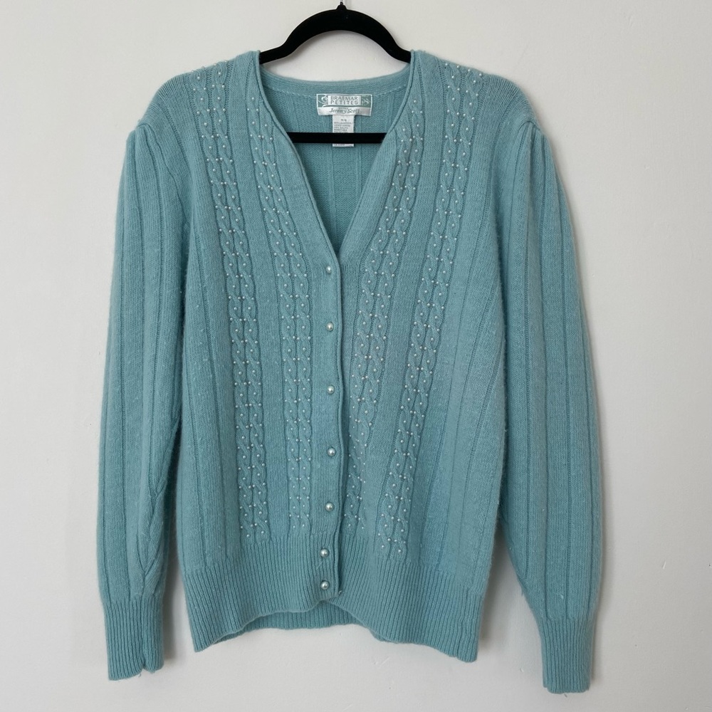 Vintage Braemar Petites Angora Lambswool Cardigan Pearl Detail Sweater sz Medium